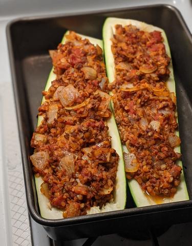 Easy Vegan Lentil Bolognese Stuffed Zucchini Boats